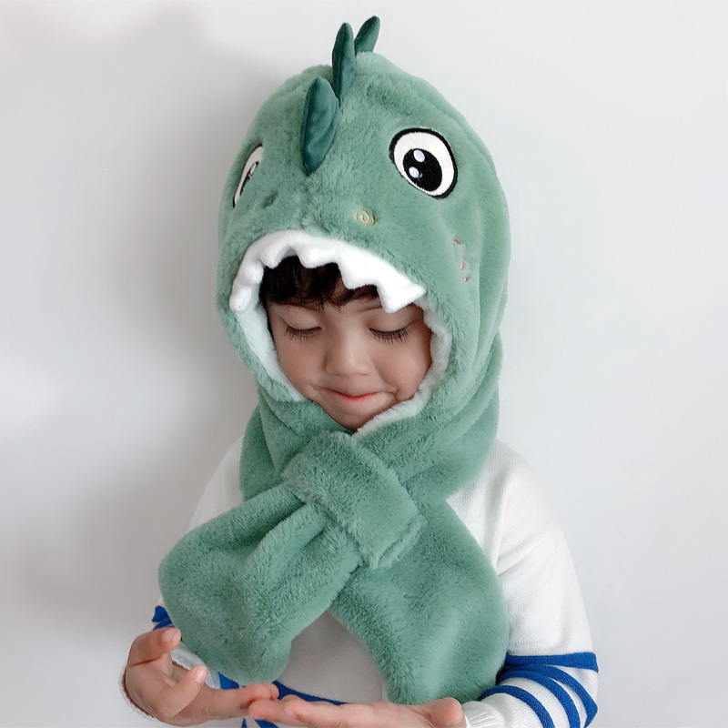 保暖毛绒儿童帽子围巾一体恐龙冬