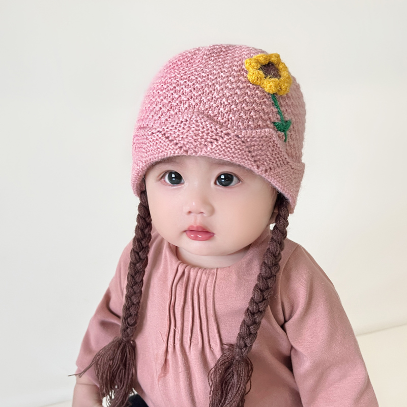 女宝假发辫子毛线帽棉内衬冬保暖