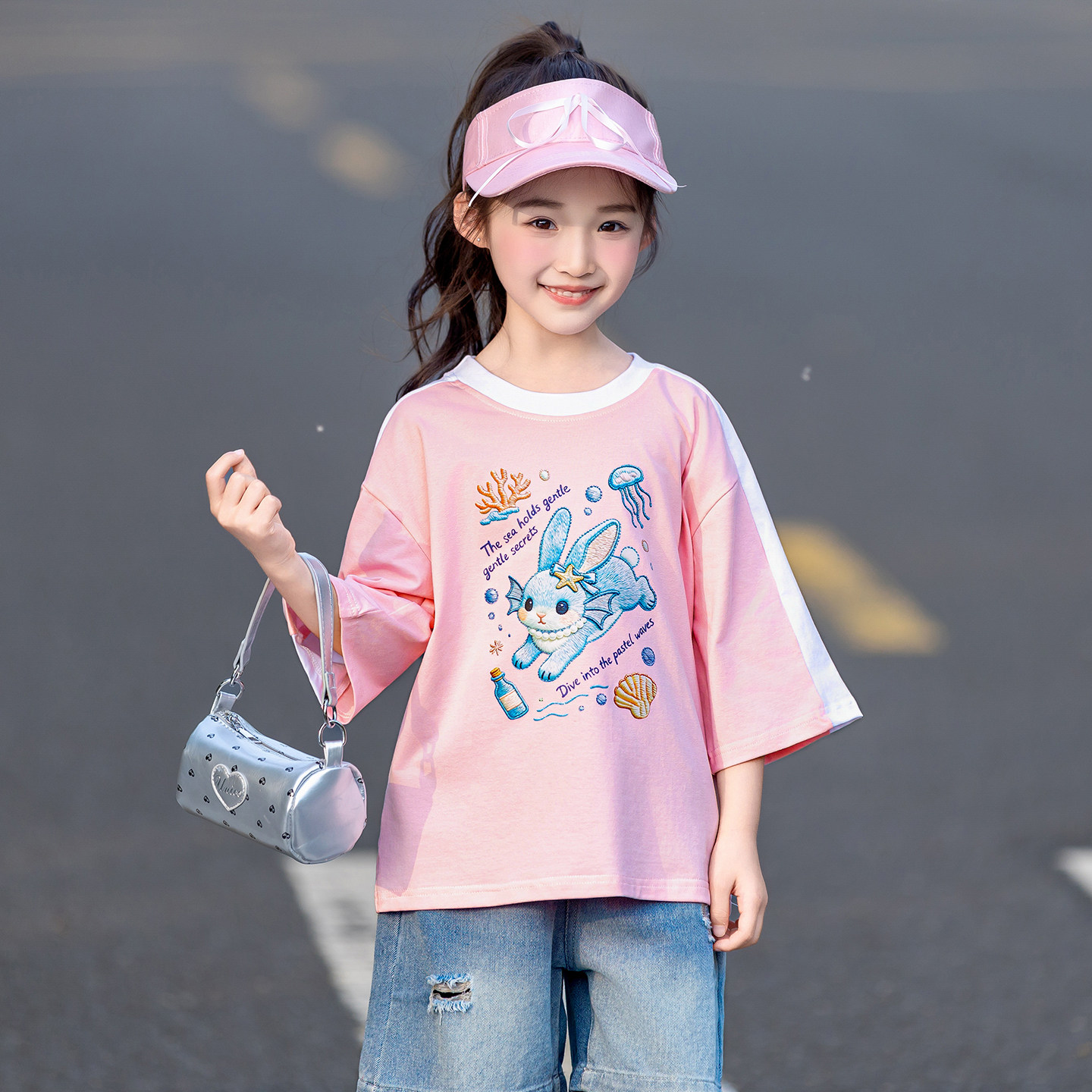 女童夏季纯棉七分袖t恤2026新款儿童撞色圆领女孩薄款中袖上衣潮
