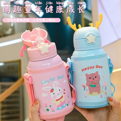 卡通冬季小鹿保温杯宝宝儿童304不锈钢弹跳吸管嘴小学生背带500ml
