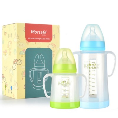 摩尔西夫宽口径玻璃奶瓶带保护套手柄吸管防摔胀气婴儿宝宝喂养壶