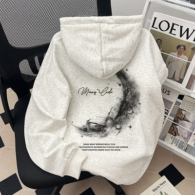 美式潮牌月亮字母印花连帽卫衣男