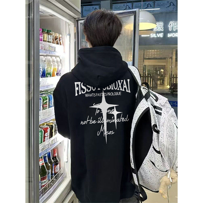 美式高街国潮连帽卫衣男秋冬加绒加厚重磅纯棉青少年宽松套头外套