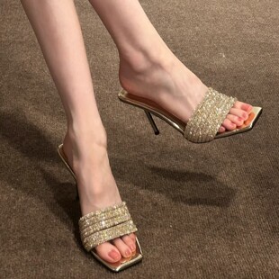 仙女风露趾高跟拖鞋 新款 女2026年夏季 方头银色水钻细跟一字带凉鞋