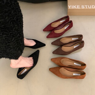 春秋百搭绒面气质一脚蹬通勤鞋 复古低跟尖头浅口单鞋 女2025年新款