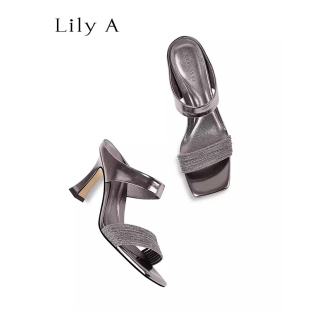 粗跟外穿凉拖鞋 女2026夏季 子水钻一字带方头露趾高跟鞋 手工轻奢鞋