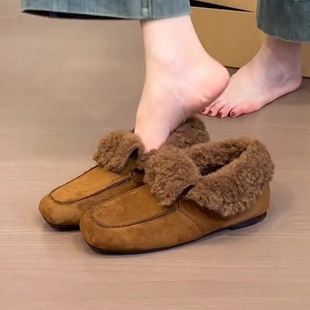 软皮版~复古绒面方头乐福鞋女2025一脚蹬翻毛加绒外穿内增高单鞋