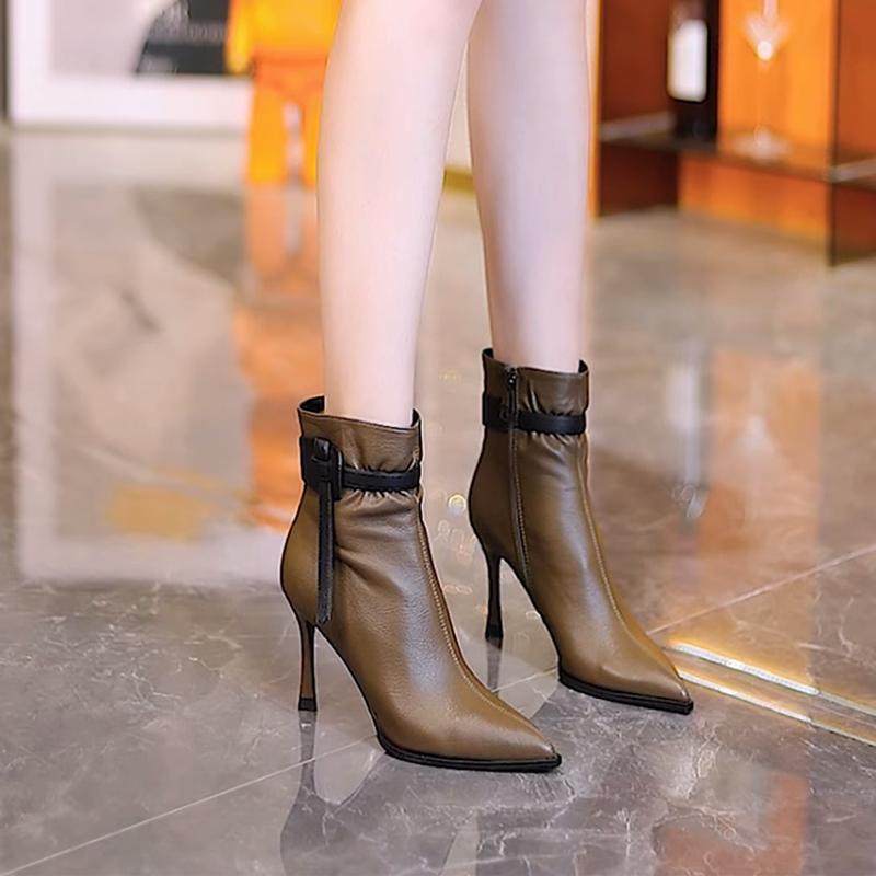 法式气质高跟短靴女2025秋冬新款尖头细跟时装靴拼色小个子瘦瘦靴,女鞋,时装靴,淘宝优惠券,粉丝福利购,淘宝优惠卷