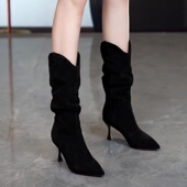 靴 秋冬性感细跟尖头中筒时装 法式 气质高跟褶皱堆堆靴女2026年新款
