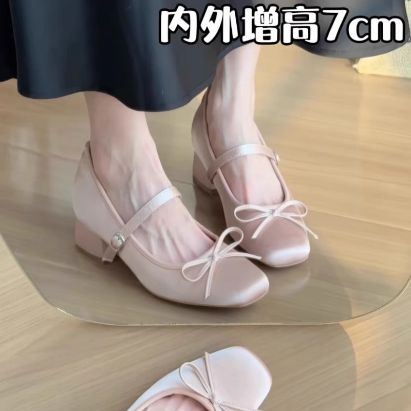 粉色缎面蝴蝶结高跟玛丽珍鞋
