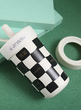 高颜值黑白格子保温杯女生ins随行咖啡吸管水杯网红奶茶暴富杯子