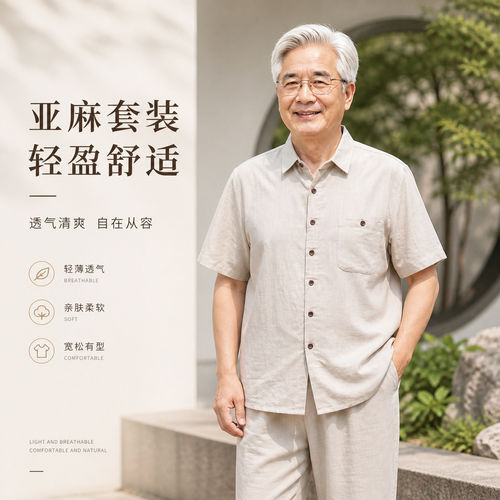 焕翎司新中老年亚麻套装男夏季短袖衬衫两件套爸爸装透气宽松休闲