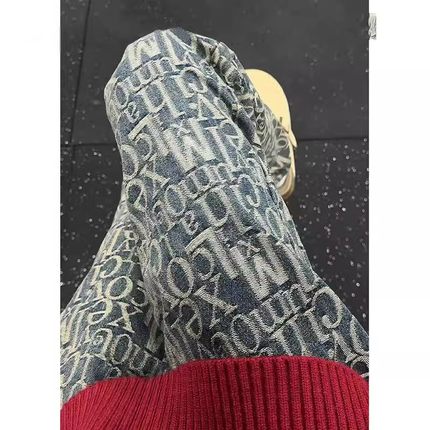 巴黎满印提花牛仔裤男春季小众设计感裤子美式高街vibe直筒微喇裤