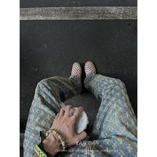 欧美高街hiphop裤子潮牌痞帅炸街男提花满印牛仔裤微喇显瘦直筒裤