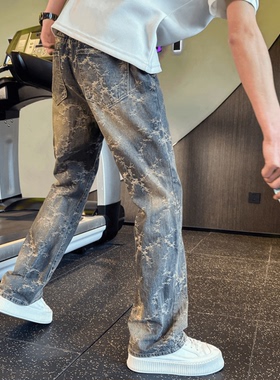 复古蓝提花牛仔裤男款夏季小众设计感裤子美式高街vibe直筒微喇裤