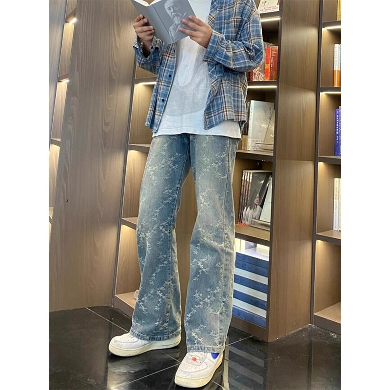 碎花牛仔裤男秋冬设计感加绒阔腿裤cleanfit美式高街青少年微喇裤