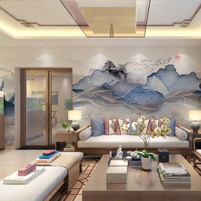 新中式壁纸艺术抽象山水风景电视背景墙卧室客厅沙发墙纸墙布