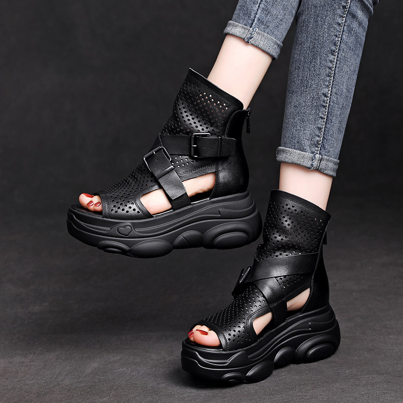 厚底坡跟涼鞋女2022年夏季新款真皮百搭高跟松糕休閑镂空魚嘴涼靴在類目 女鞋, 涼鞋中 - 來自Buy2taobao.com提供專業的淘寶代購服務