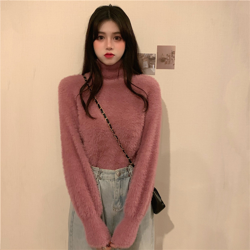 Real price new Korean version lazy style versatile thickened half high collar soft waxy imitation mink wool sweater