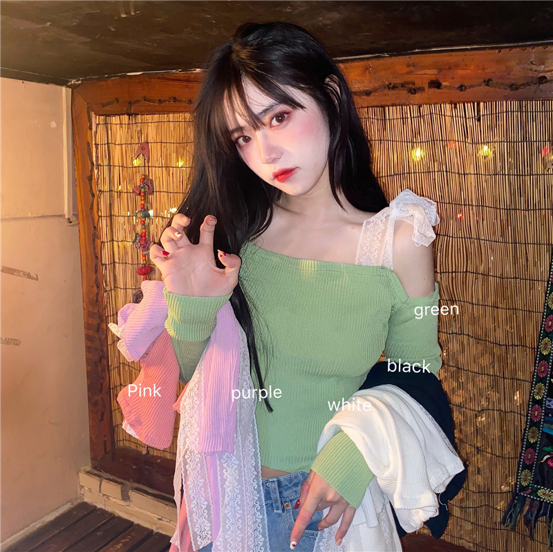 Real price spring new lace strap adjustable one shoulder versatile slim long sleeve T-shirt