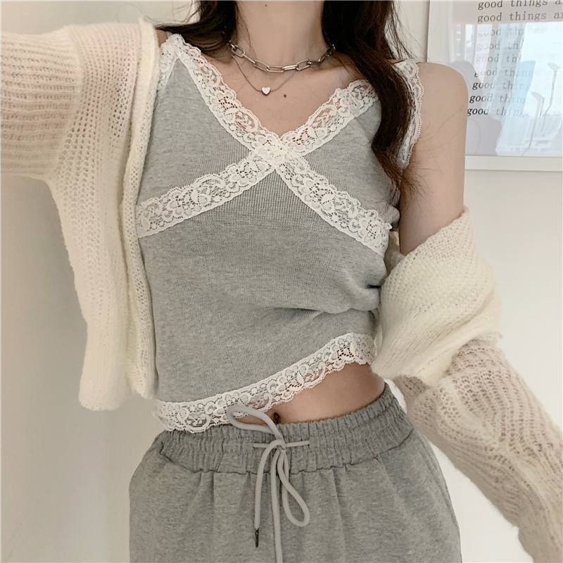 Spring new Korean lace edge stitching collar, slim and versatile, wearing knitted suspender vest