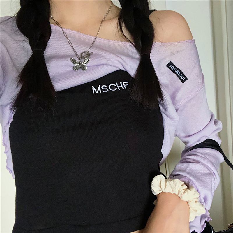 Real price 2021 Korean version fungus edge versatile short long sleeve open navel Knitted Top + embroidered letter sling