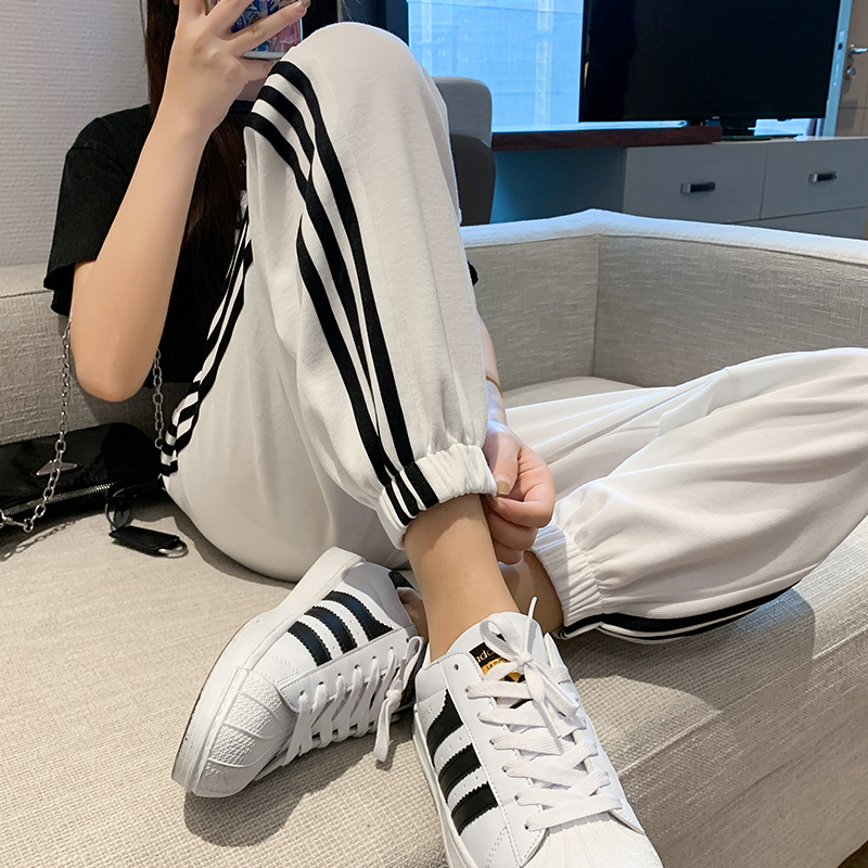 夏季薄款白色运动裤女宽松束脚八分小个子灯笼休闲卫裤子纯棉显瘦