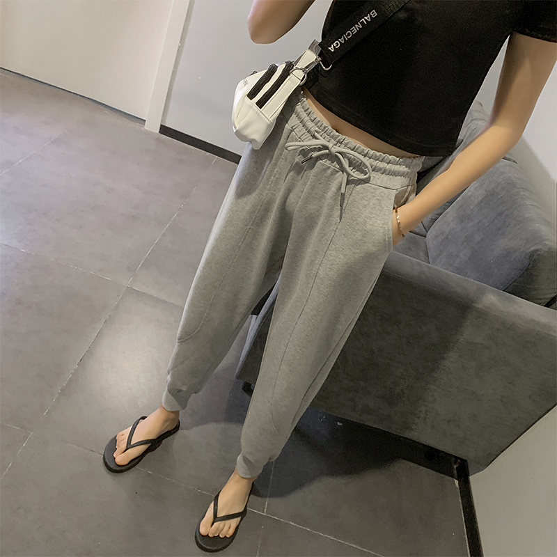 灰色运动裤女宽松束脚2020年春夏季薄款小个子高腰纯棉休闲卫裤潮