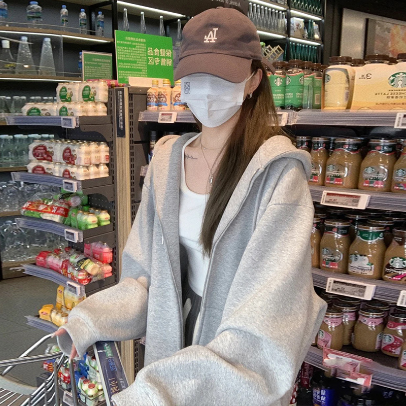 深秋外套女秋冬季灰色加绒连帽卫衣2024新款爆款春秋休闲开衫上衣