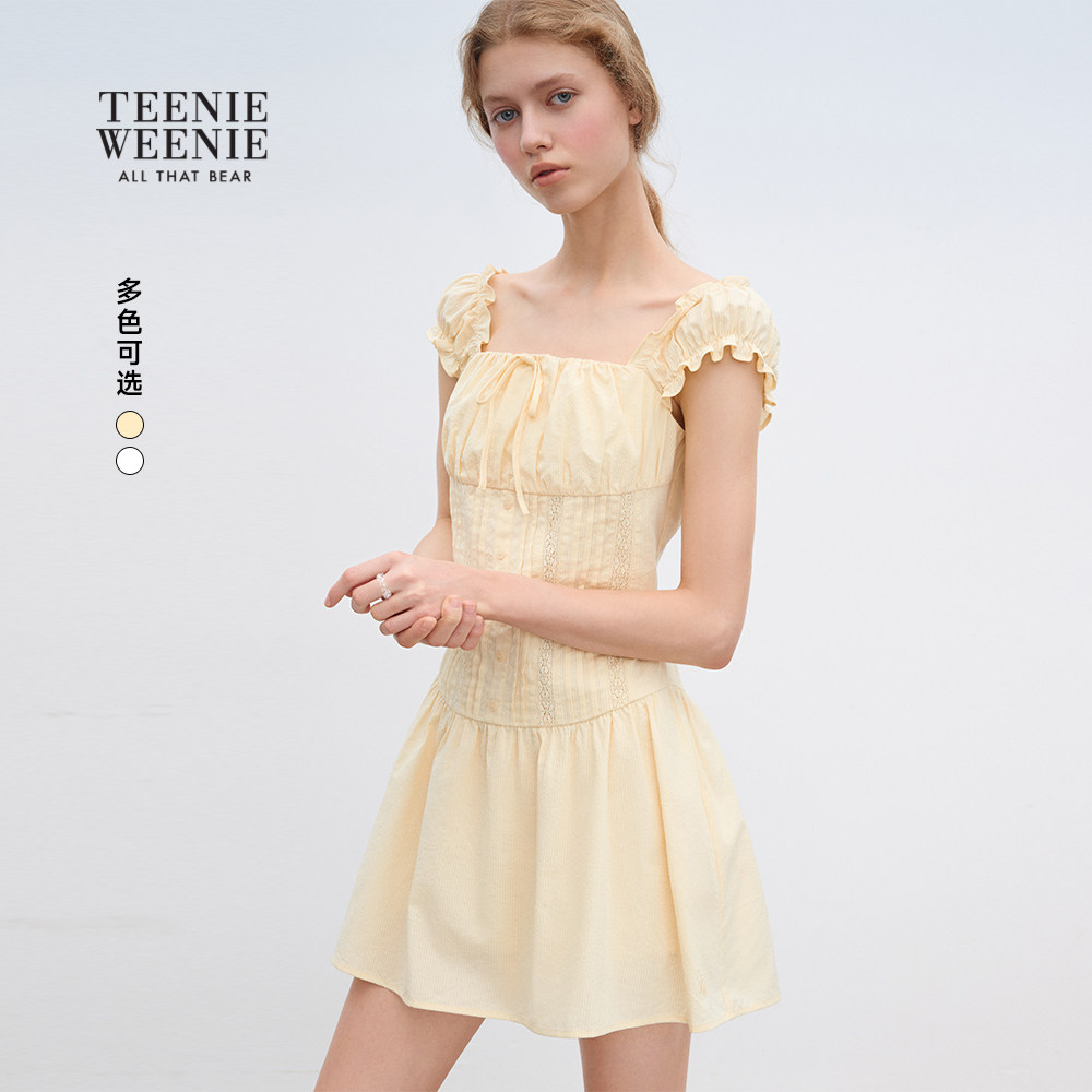 TEENIEWEENIE bearnova小熊女装夏甜美刺绣俏皮木耳边抽褶连衣裙