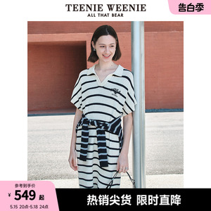 TeenieWeenie小熊女装2024新款夏装松弛感连袖V领翻领毛衣连衣裙