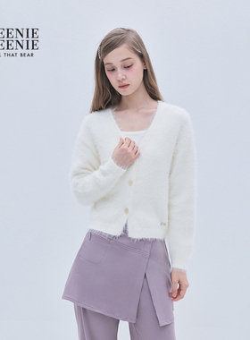 TEENIEWEENIE bearnova25冬季新款女装柔软舒适仿貂毛V领毛织开衫