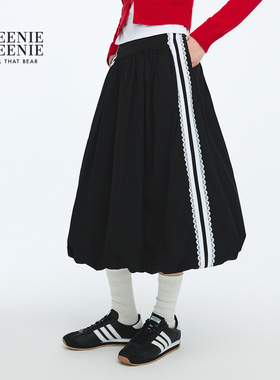 TEENIEWEENIE bearnova26春季新款女装蕾丝撞色织带中长款花苞裙