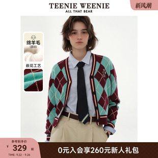 TeenieWeenie小熊菱形格毛衣慵懶風(fēng)休閑外套綿羊毛混紡毛針織開衫