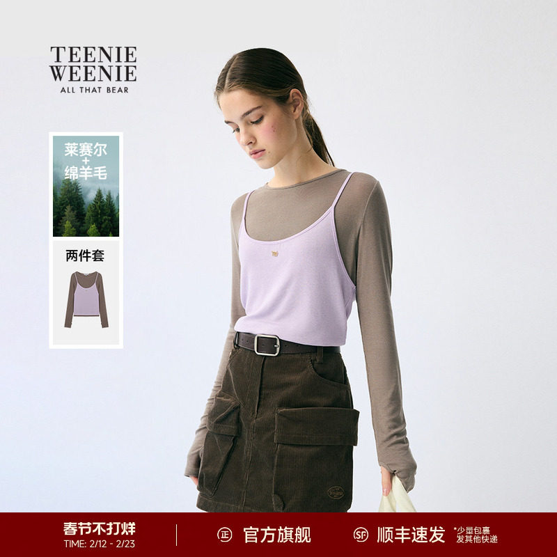TeenieWeenie小熊女装假两件长袖T恤2025冬季新款时