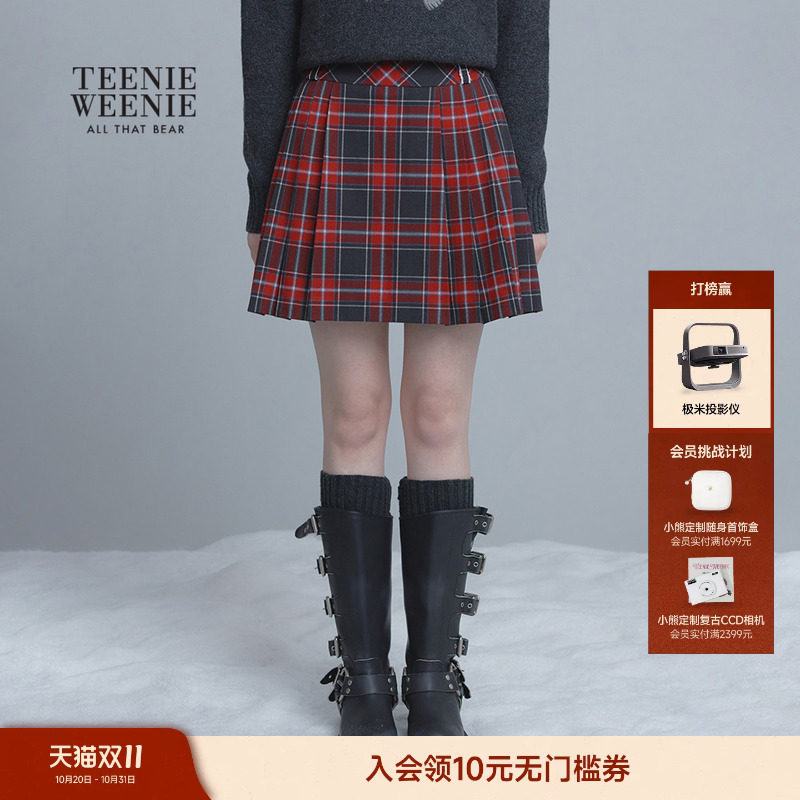TeenieWeenie小熊女装半身裙冬季时髦复古红黑格纹高腰格
