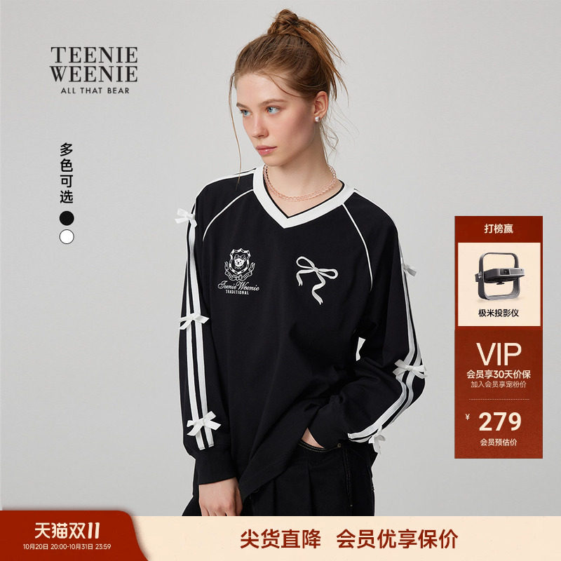TEENIEWEENIE bearnova小熊T恤女凉感通勤学院宽松长袖V领打底衫