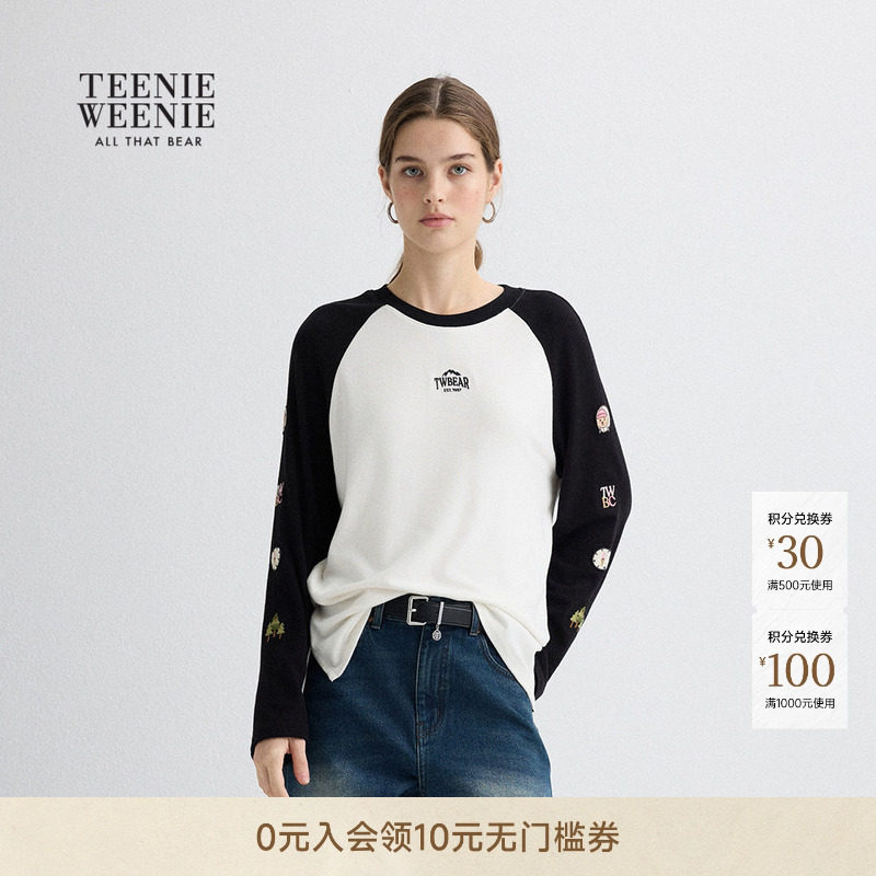 TeenieWeenie小熊女T恤秋冬休闲活力撞色插肩长袖圆领打底衫上衣