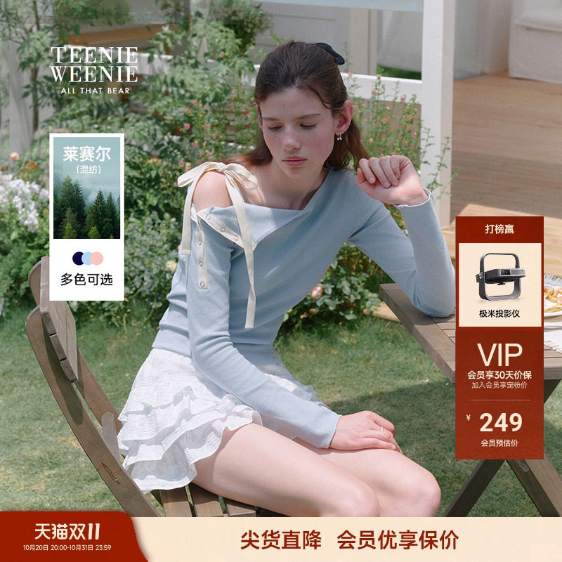 TEENIEWEENIE bearnova棉莱赛尔长袖一字肩T恤蝴蝶结露肩斜肩上衣