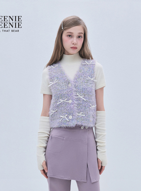 TEENIEWEENIE bearnova25冬新款甜美蝴蝶结装饰仿貂毛V领背心开衫