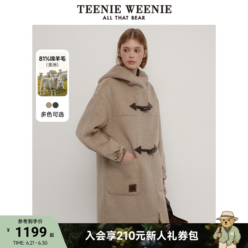 TeenieWeenie小熊冬装澳洲绵羊毛气质牛角扣中长款毛呢大衣外套女