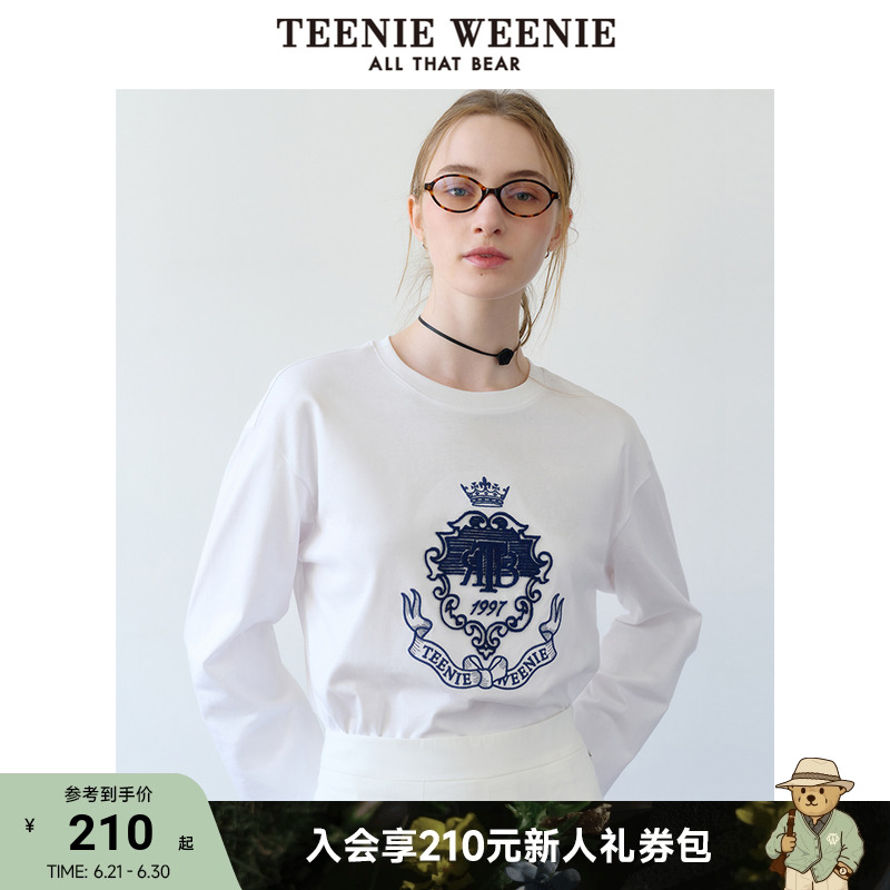 TeenieWeenie小熊女装秋装新款宽松圆领刺绣长袖T恤白色上衣