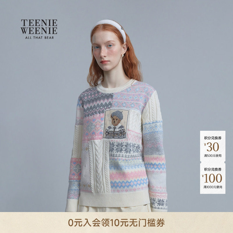 TeenieWeenie小熊女毛针织衫秋冬季活力休闲多彩提花圆领套头毛衣