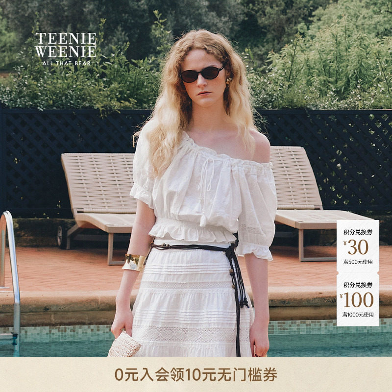 TeenieWeenie小熊女装衬衫夏日精致设计感一字肩上衣露肩雪纺衫