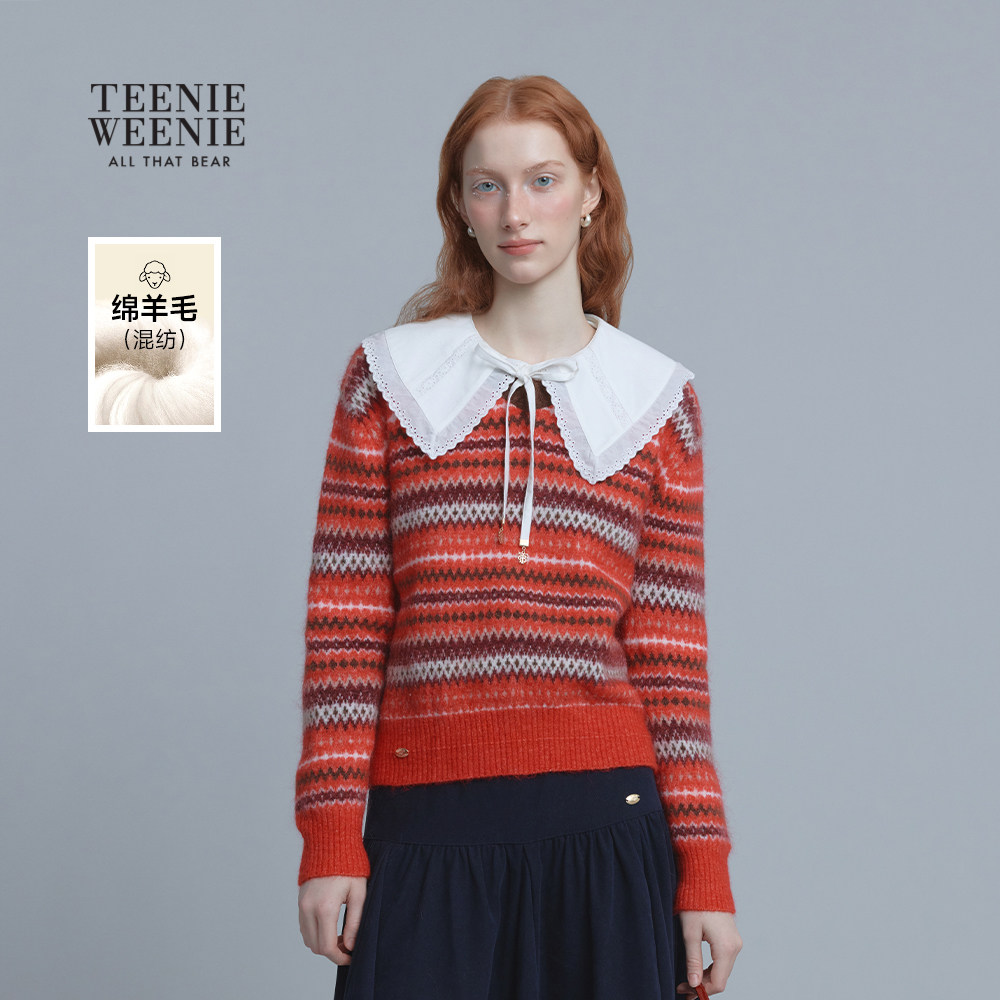 TeenieWeenie小熊女装毛衣25冬新款复古时尚V领提花套