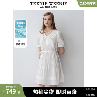 新款 TeenieWeenie小熊2024年夏季 娃娃领A字连衣短裙蕾丝少女感裙