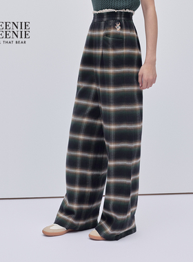 TEENIEWEENIE bearnova2025冬季新款女装蕾丝拼接复古格纹休闲裤