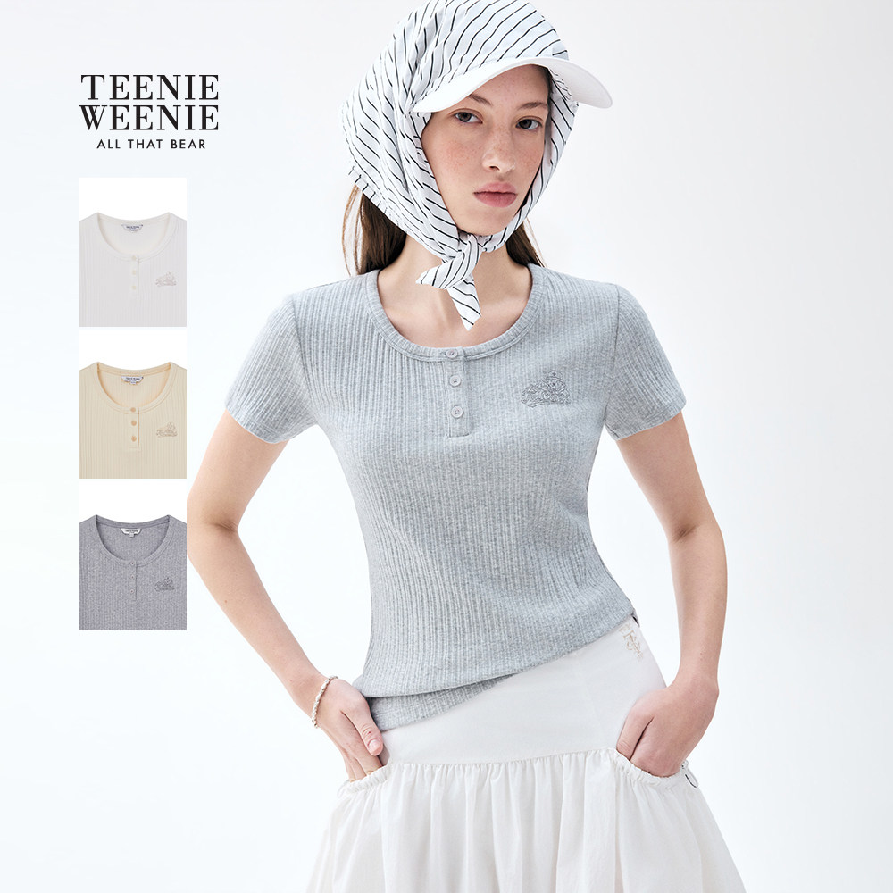TeenieWeenie小熊女装T恤26春夏新品时髦纽扣半门襟圆领短袖上衣