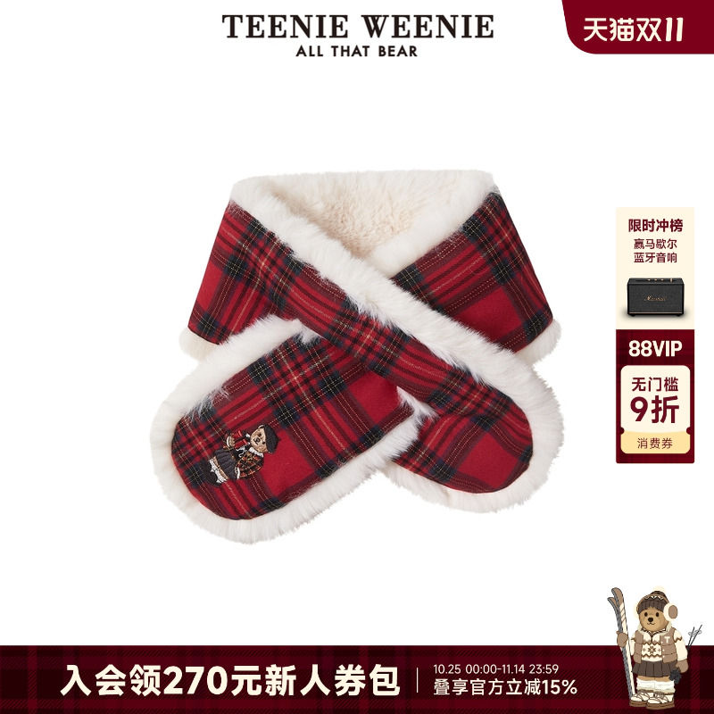 TeenieWeenie小熊女装秋冬圣诞格纹复古潮流时尚休闲红色柔软围巾