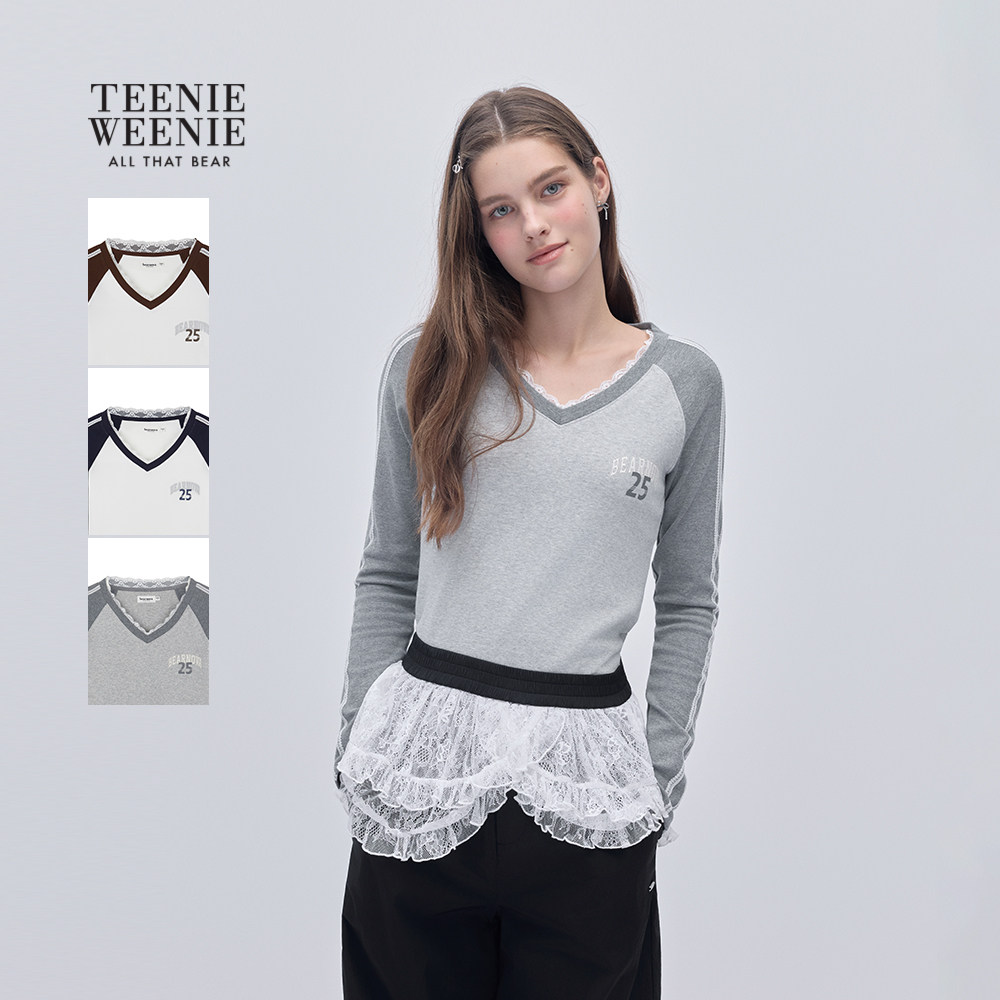 TEENIEWEENIE bearnova小熊女装蕾丝拼接撞色V